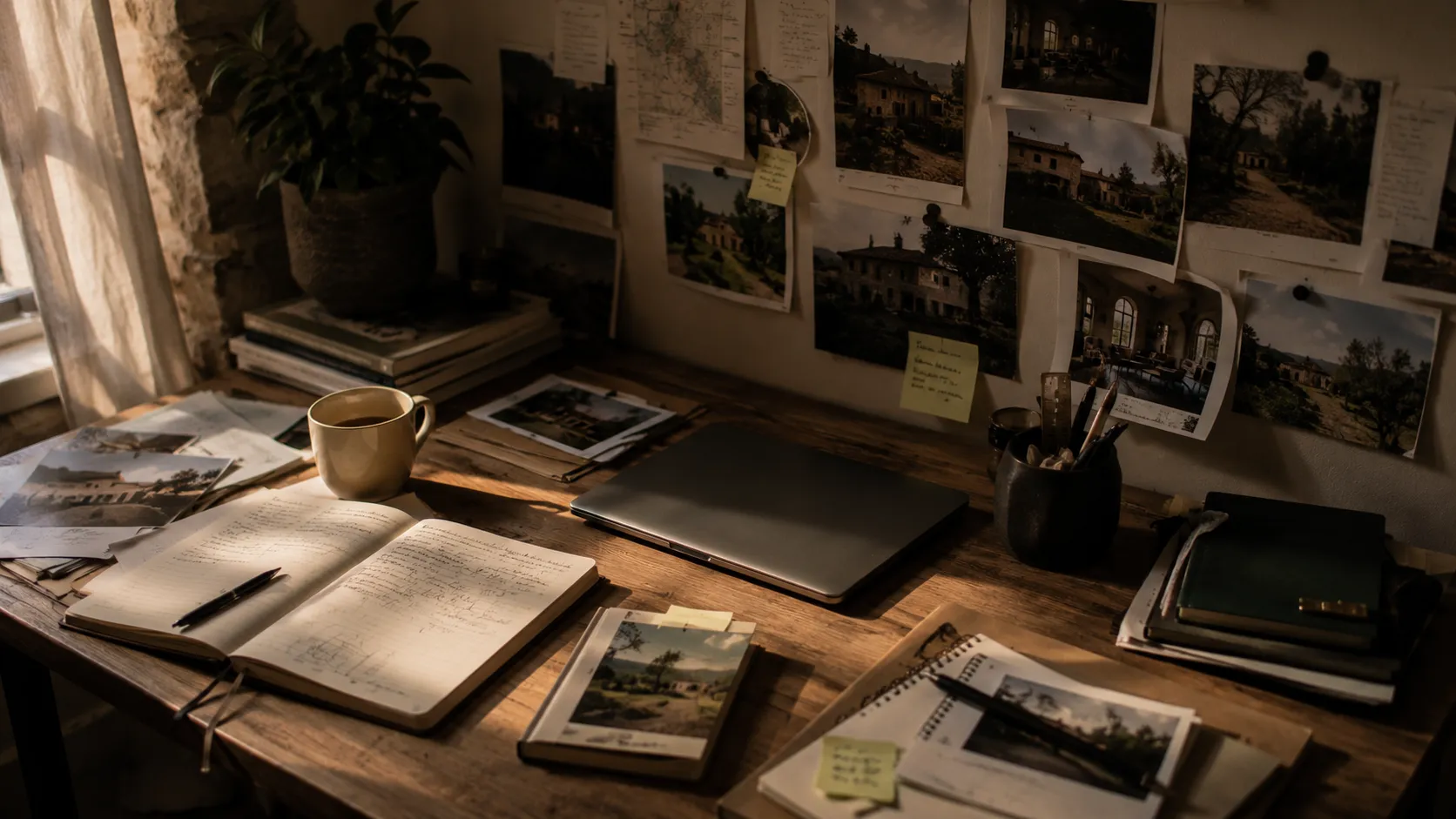 Bureau de repérage : notes, photos de lieux et carnet ouvert