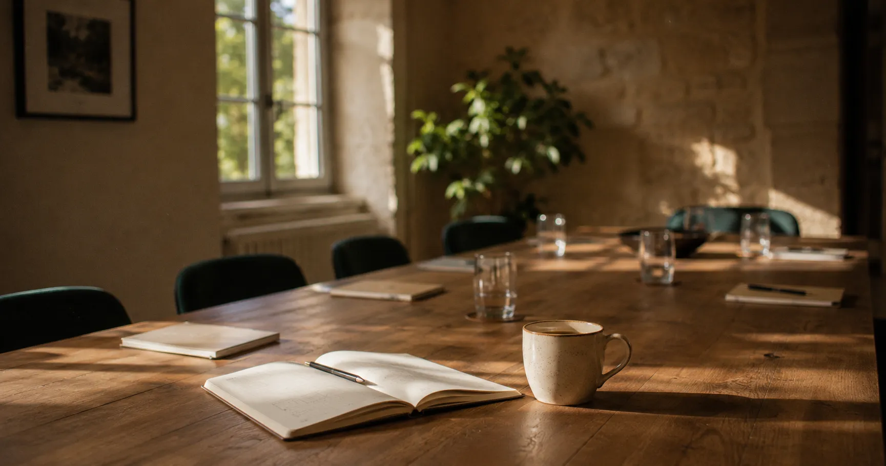 Table de réunion, chaises vertes, carnet et café