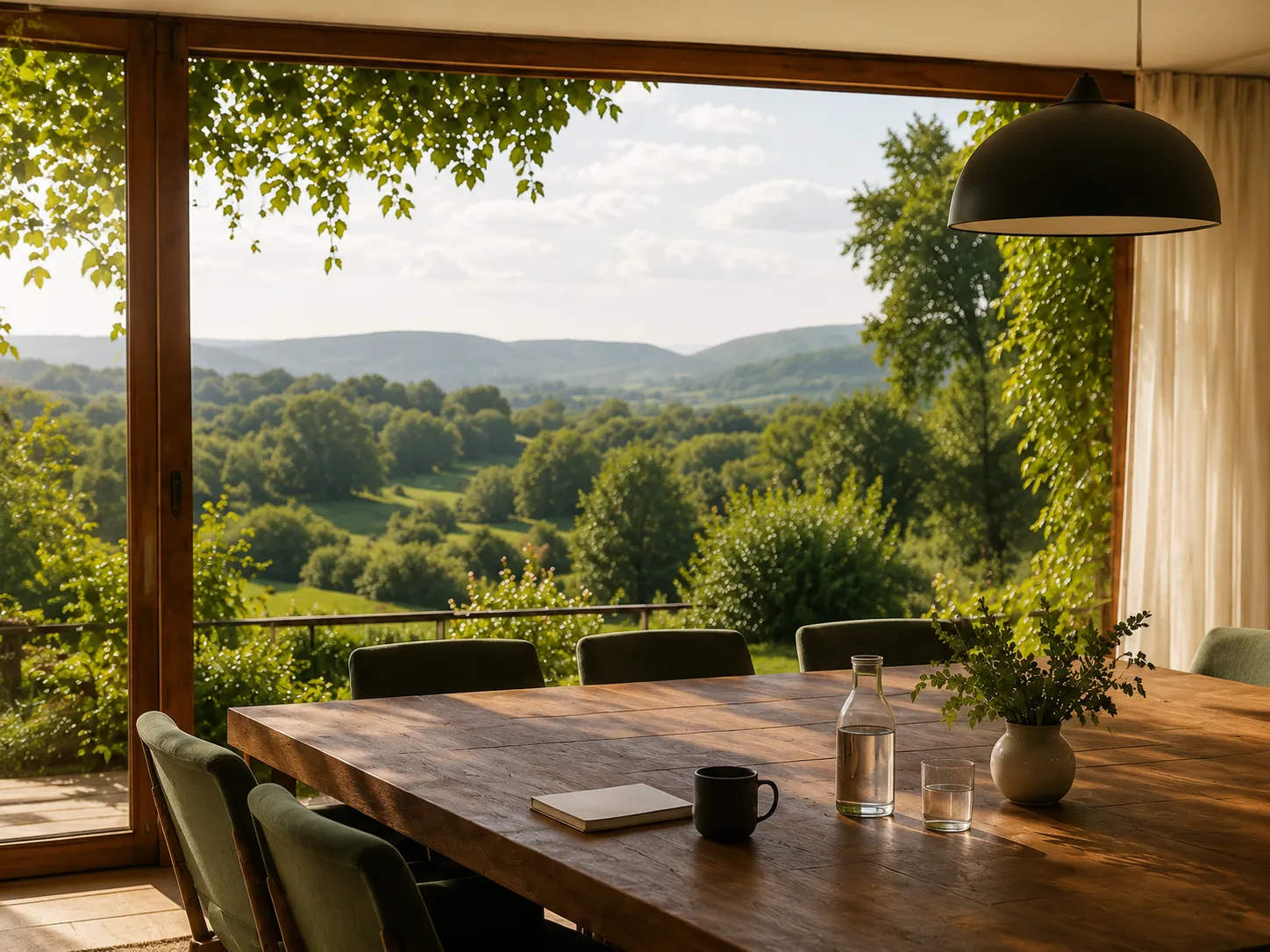 Salle de réunion baignée de lumière, grande baie ouverte sur la campagne charentaise