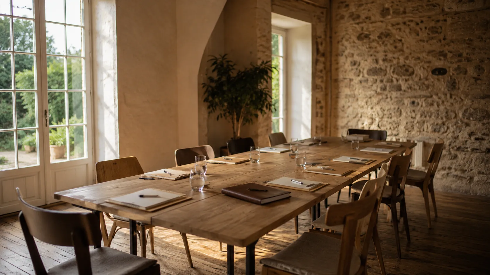 Longue table de réunion en bois, salle en pierre avec portes-fenêtres sur jardin